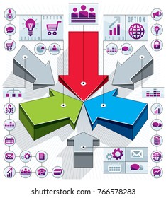 Creative infographics composition, 3d arrows pointing into center idea, vector layout illustration.