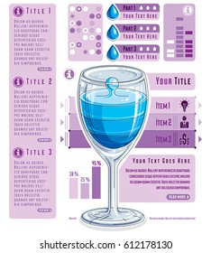 Creative infographics composition, 3d wineglass with three layered drink idea, cocktail, vector illustration.