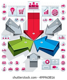 Creative infographics concept, 3d arrows pointing into center idea, vector illustration.