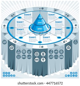 Creative infographics concept, 3d table with layered pyramid idea, vector layout illustration.