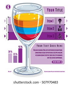 Kreatives Infografik-Konzept, 3D Weinglas mit drei geschichteten flüssigen Ideen, Cocktail, Vektorgrafik.