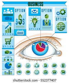 Creative infographics concept, human eye, looking eye idea, vector illustration.