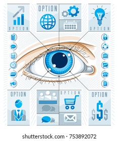 Creative infographics concept, human eye, looking eye idea, vector illustration.