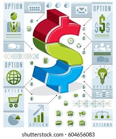 Creative infographics concept, layered dollar sign idea, vector illustration.