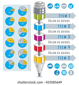 Creative infographics concept, pencil centered drawing scheme, vector illustration.