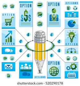 Creative infographics concept, pencil centered drawing scheme, vector illustration.