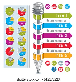 Creative infographics concept, pencil centered drawing scheme, vector illustration.