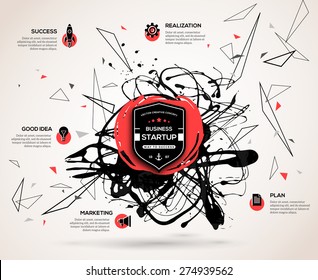Creative infographics concept for startup. Abstract background with vector paint stain and geometric shapes for business presentation or promotional material. Scientific future technology backdrop.