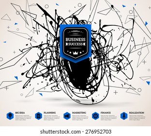 Creative infographics concept for successful business. Background with vector paint stain, geometric shapes. Scientific future technology backdrop.