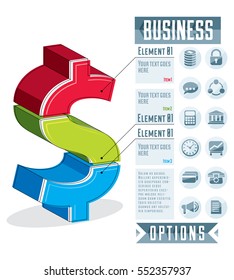Creative infographics conceptual composition, layered dollar sign idea, vector layout illustration.