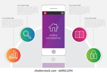 creative infographics design with smart phone background. Modern and stylish vector illustration for business presentations, process and steps.