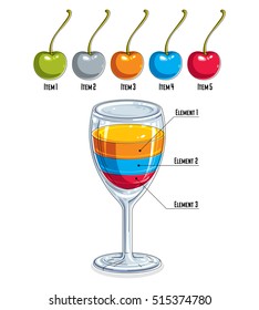 Creative infographics element, 3d wineglass with three layered liquid idea, cocktail with cherries, vector illustration.