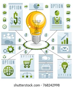 Creative infographics elements, bright idea light bulb, vector illustration.