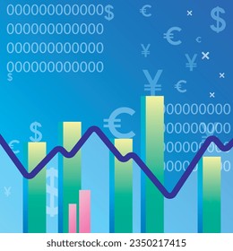 Creative infographics in the form of pedestals on which the world currency against the background of the growth and fall of the stock exchange. Vector for describing SMM and banners for an exchange