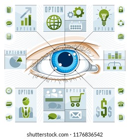 Creative infographics, human eye, looking eye idea, vector illustration.