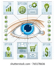 Creative infographics, human eye, looking eye idea, vector illustration.