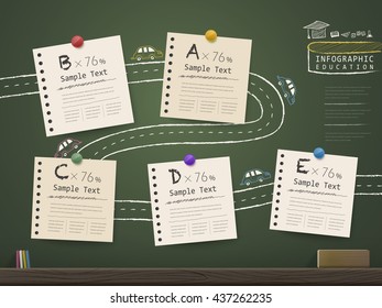 Creative infographics template over blackboard background with pencil and paper.