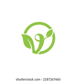 Creative initial green letter V with leave logo. Vector design template elements for corporate identitiy, business company, eco application, posters, or card. Abstract leaves isolated on white.