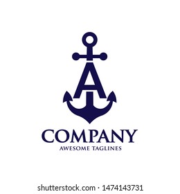 creative initial letter a with Anchor blue color logo vector concept