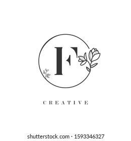 Creative Initial Letter F Logo With Circle Hand Drawn Flower Element. Design Vector Illustration Symbol Template