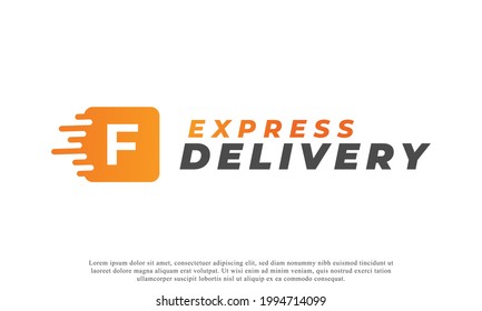 Creative Initial Letter F Logo. Orange Shape F Letter with Fast Shipping Delivery Truck Icon. Usable for Business and Branding Logos. Flat Vector Logo Design Ideas Template Element
