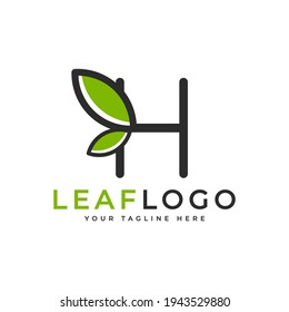 Creative Initial Letter H Logo. Black Shape Linear Style Linked with Green Leaf Symbol. Usable for Business, Healthcare, Nature and Farm Logos. Flat Vector Logo Design Ideas Template Element. Eps10