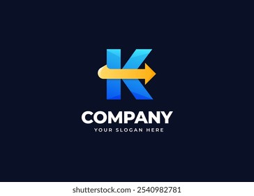 Creative Initial Letter K with Arrow Icon Symbol Logo Design. Dynamic Arrow on Letter K Gradient Logo Inspiration. Progress and Growth Branding for Company Identity. Alphabet Vector Logo Illustration.
