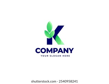 Creative Initial Letter K with Leaf Icon Symbol Logo Inspiration. Green Leaf Symbol on Letter K Logo Design. Green and Natural Branding for Eco Business Identity. Alphabet Vector Logo Illustration.