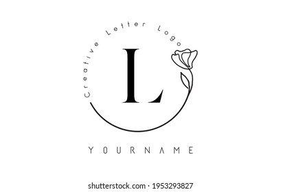 Letras iniciales creativas con el logo L con flor de círculo grabado a mano y hoja. Icono de ilustración vectorial para marca natural, ecológica, joyería, moda, personal o corporativa.