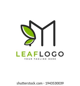 Creative Initial Letter M Logo. Linearstil mit schwarzer Form, verbunden mit dem grünen Leaf-Symbol. Für Logos aus den Bereichen Business, Healthcare, Nature und Farm. Flaches Vectorlogo-Designideen-Element für Vorlagen. EPS10