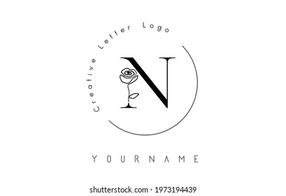 Creative initial letter N logo with lettering circle and hand drawn rose. Floral element and elegant letter N. Vector illustration for natural, eco, jewelry, fashion, personal or corporate branding.