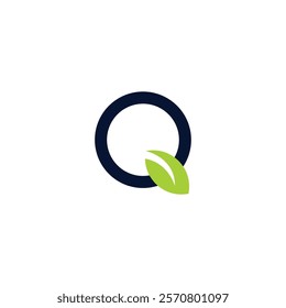 Creative Initial Letter Q Icon with Green Leaf Logo Icon. Q Leaf Design