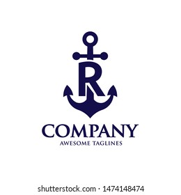creative initial letter r with Anchor blue color logo vector concept