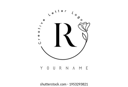 Creative initial letter R logo with lettering circle hand drawn flower element and leaf. Vector illustration icon for natural, eco, jewelry, fashion, personal or corporate branding.
