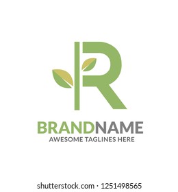 creative initial letter r with natural green leaf logo vector element