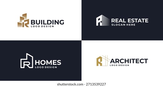 símbolo inicial creativo del logotipo inmobiliario de la letra R, Vector de diseño del logotipo del edificio