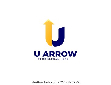 Creative Initial Letter U with Arrow Icon Symbol Logo Design. Dynamic Arrow on Letter U Gradient Logo Inspiration. Progress and Growth Branding for Company Identity. Alphabet Vector Logo Illustration.