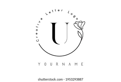 Creative initial letter U logo with lettering circle hand drawn flower element and leaf. Vector illustration icon for natural, eco, jewelry, fashion, personal or corporate branding.