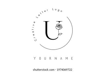 Creative initial letter U logo with lettering circle and hand drawn rose. Floral element and elegant letter U. Vector illustration for natural, eco, jewelry, fashion, personal or corporate branding.