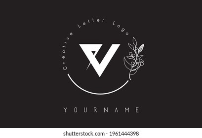 Creative initial letter V logo with lettering circle hand drawn flower element and leaf. Vector illustration icon for natural, eco, jewelry, fashion, personal or corporate branding.