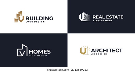 símbolo inicial creativo del logotipo inmobiliario de la letra V, Vector de diseño del logotipo del edificio