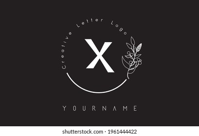Creative initial letter X logo with lettering circle hand drawn flower element and leaf. Vector illustration icon for natural, eco, jewelry, fashion, personal or corporate branding.