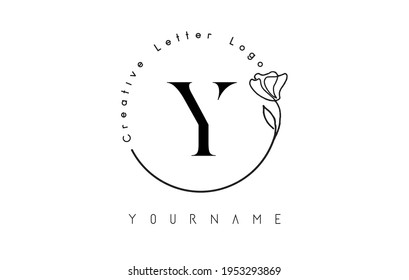 Logotipo creativo de la letra inicial Y con flor de círculo con letras, elementos dibujados a mano y hoja. Icono de ilustración vectorial para marca natural, ecológica, joyería, moda, personal o corporativa.