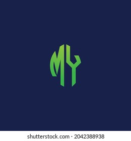 Letras iniciales creativas MY con el logotipo de forma de hoja ecológica. Será adecuado para qué empresa o marca iniciar esas iniciales.