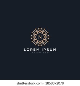 Creative Initial N letter logo monogram.Golden color Luxury jewelry frame gem edge logotype. 