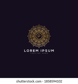 Creative Initial P letter logo monogram.Golden color Luxury jewelry frame gem edge logotype.
