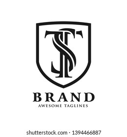 creative initial ST letter with shield monochrome color style logo vector