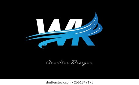 Creative Initial WK Letter Logo with Blue Wave Elements. Modern Creative Branding Design on Black Background