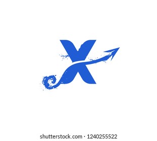 Creative Initial X Letter Abstract Arrow Swoosh Blue Splash Paint Brush Logotype