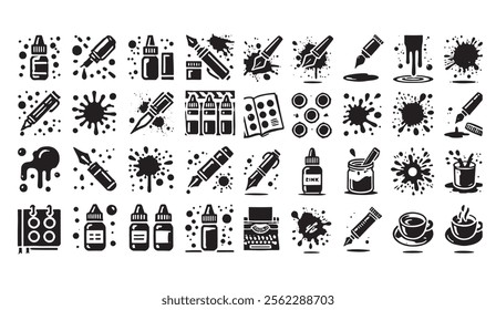 Creative ink and art supplies icon set featuring pens, brushes, splatters, and tools in black ink style, ideal for art, design, and creative projects